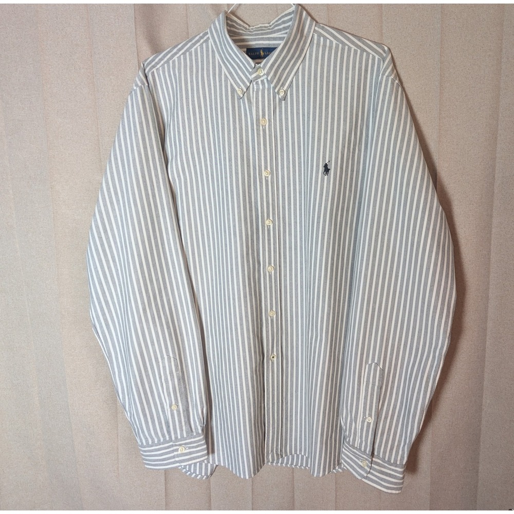 Ralph Lauren Mens XXL Grey White Striped Oxford Button Down Shirt Long Sleeve